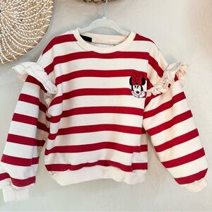 ZARA Disney Minnie Mouse Red and White Striped Girls Crewneck Sweatshirt. Size 6